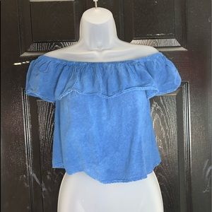 Blue off the shoulder ruffle top